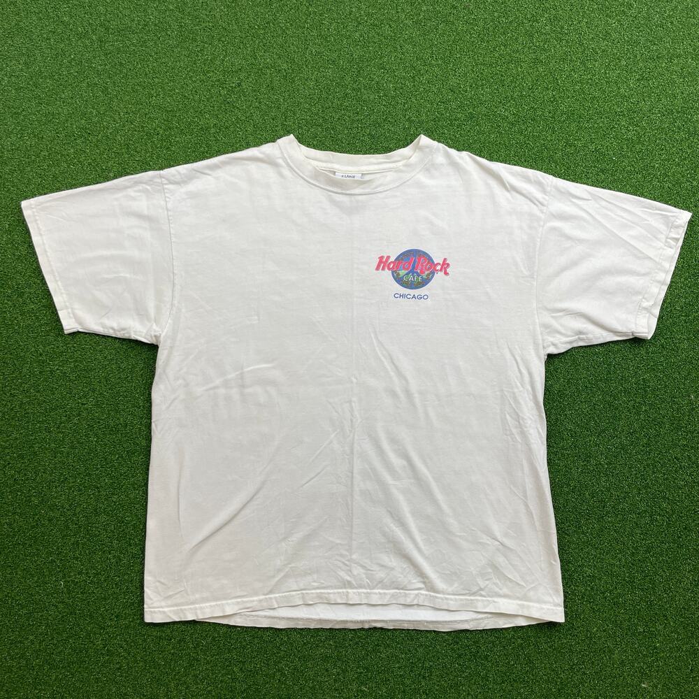 Vintage 90s Y2K Chicago Hard Rock Cafe Funky Peace Sign Back Graphic T Sz XL